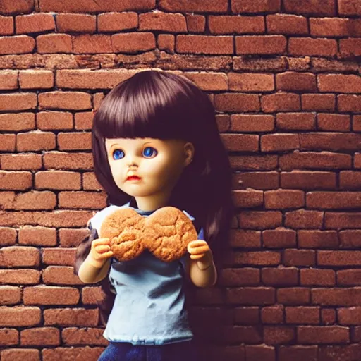 Prompt: plastic doll with giant realistic hands eating a cookie sitting on brick wall, garden background, sky, photo, hd