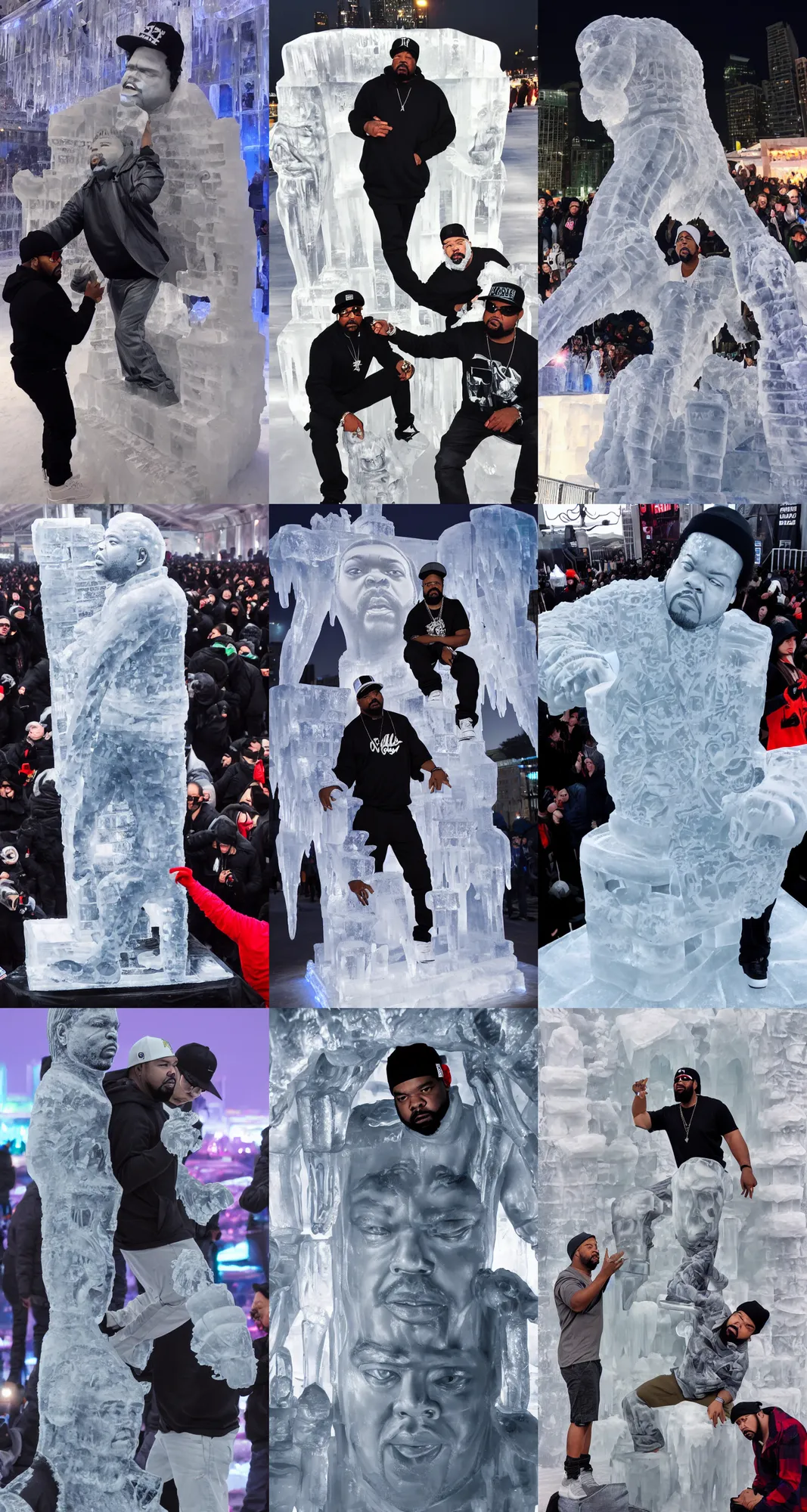 Prompt: dramatic photo, the rapper'ice cube'carving a full body ice sculpture of rapper'ice cube'at harbin ice festival, wide angle photo, award winning, artgerm, wlop, james gurney, trending on artstation