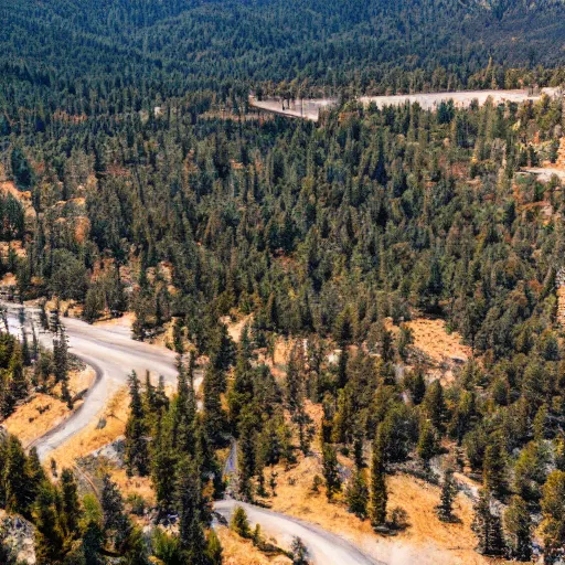 Image similar to Tilt shift photography, Big Bear Lake California, Ariel drone shot, Battlefield, war-torn landscape, fire, USAF Bombers, military, Battlezone