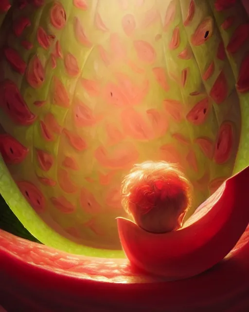 Prompt: an baby living inside a giant watermelon womb, watermelon amber, watermelon womb, highly detailed, digital painting, artstation, concept art, smooth, sharp focus, illustration, art by artgerm and greg rutkowski and alphonse mucha
