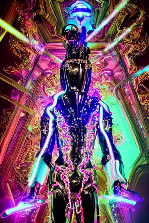 Image similar to full-body neon porcelain bladerunner style sculpture of a young handsome Colombian prince as a half android with a porcelain chest opening exposing circuitry and electric sparks, glowing laser beam eyes, crown of giant diamonds, flowing neon-colored silk, fabric, raptors. baroque elements. full-length view. baroque element. intricate artwork by caravaggio. Very very very very highly detailed epic photo of face. Trending on artstation, octane render, cinematic lighting from the right, hyper realism, octane render, 8k, depth of field, 3D