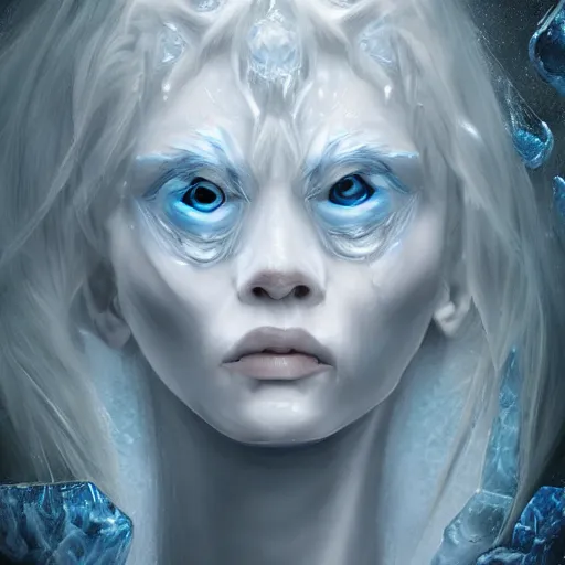 Image similar to a portrait photo of an ice elemental, human features, extremely detailed, beautiful portrait, fantasy art, face mad out of ice, ice person, photorealistic