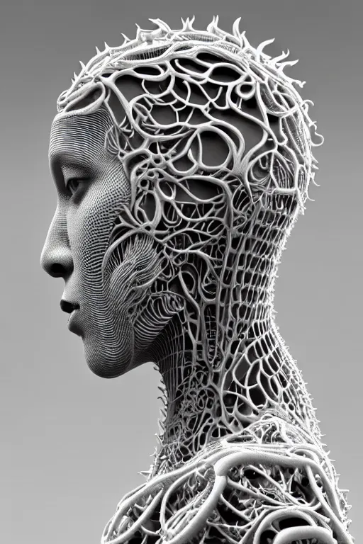 Image similar to bw 3 d render, hyper detailed, stunning beautiful biomechanical albino maniac cyborg with a porcelain profile face, beautiful natural soft rim light, big leaves and stems, roots, fine foliage lace, alexander mcqueen, studio ghibli, herge, art nouveau fashion embroidered, steampunk, silver filigree details, hexagonal mesh wire, mandelbrot fractal, 8 k