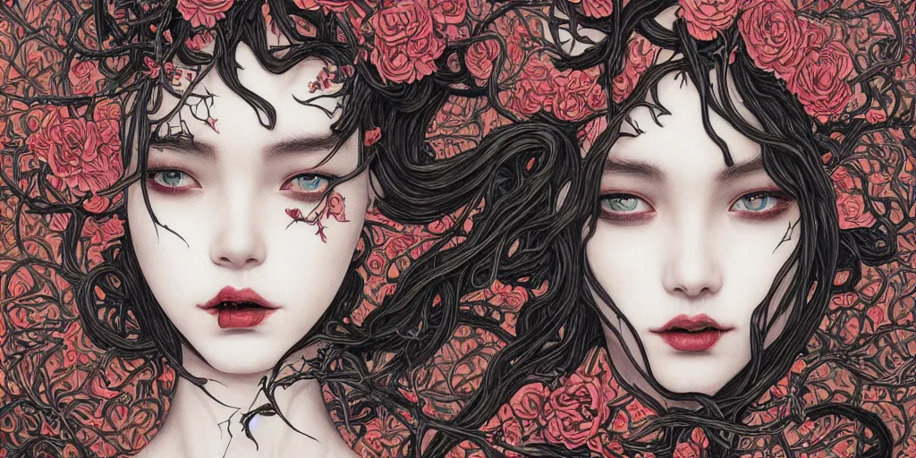 Prompt: breathtaking detailed concept art painting of a woman with black snakes crawling in her mouth and eyes flowers, saint, twisted thorns and flowers, by James jean, Miho Hirano, takato yamamoto, extremely moody lighting, 8K