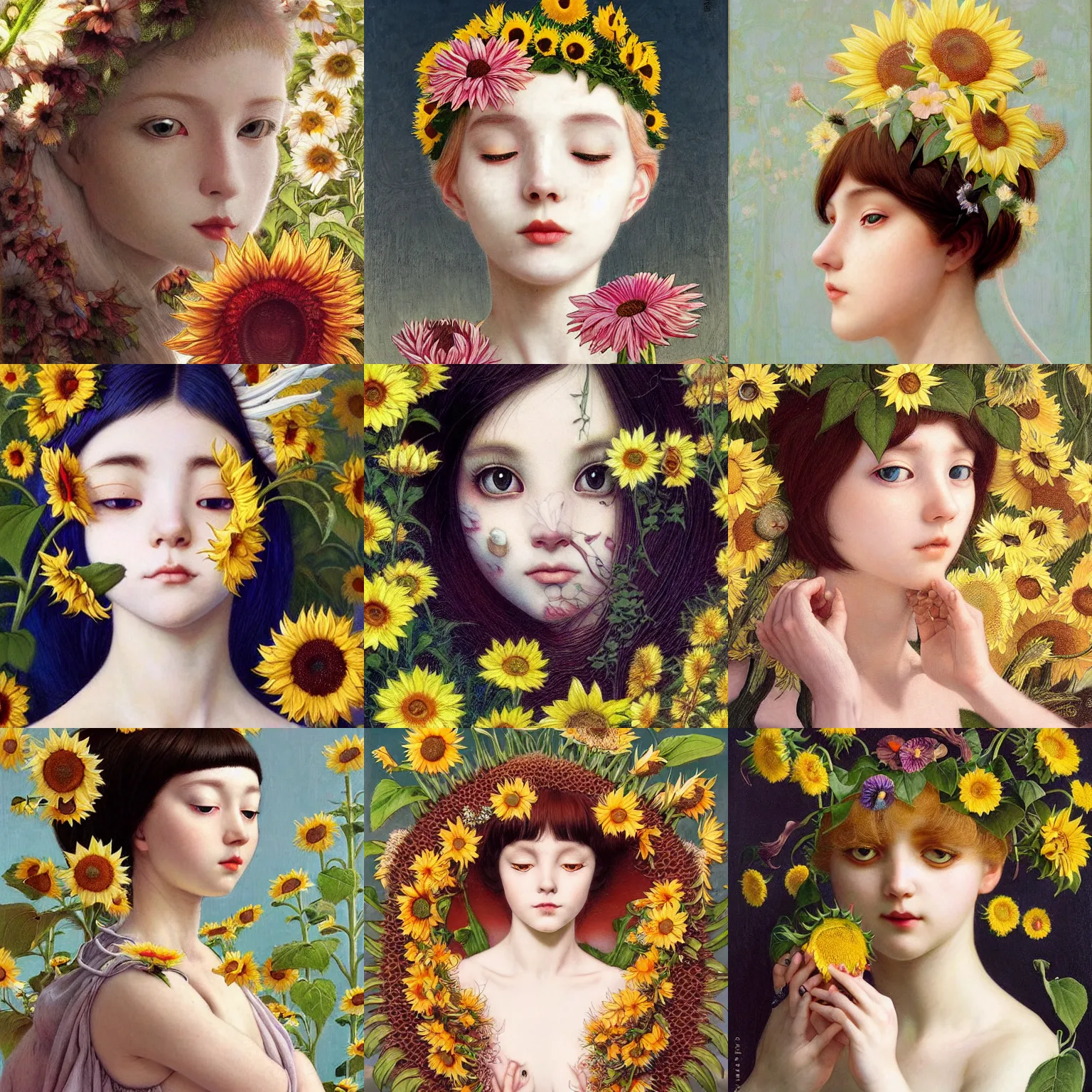 Image similar to white cat girl, botanical, sunflower, portrait face, colorful, frantisek kupka, intricate, miles johnston, kuroda seiki, cynical realism, ozabu, john william godward, painterly, yoshitaka amano, moebius, miles johnston, louise zhang, james jean, mark ryden lowbrow pop surrealism art style