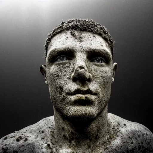 Prompt: Award-winning photograph by Mar Mann. The photo depicts a decaying roman bust of Christiano Ronaldo overgrown with moss at the bottom of the sea in the middle of ruins of civilization. Minimalism, high definition, perfect composition. Deep sea picture. Very dark. Volumetric Lighting. Fish. Darkness. Ruins
