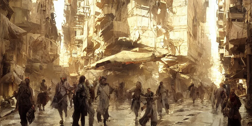 Image similar to highly realistic concept art, anders zorn, craig mullins, rutkowski, dramatic light, in the streets of the bustling city of ancient cairo