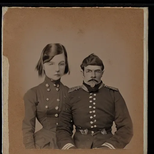 Prompt: vintage photo of a union soldier and his anime catgirl wife