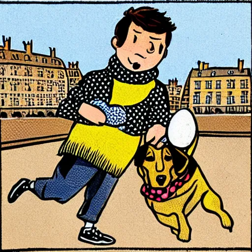 Image similar to illustration of french boy on the streets of paris playing football against a corgi, the dog is wearing a polka dot scarf, comic, 1 9 7 2