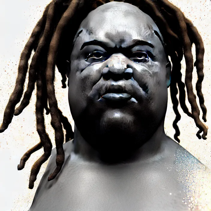 Image similar to hyperrealistic mixed media portrait of a moridly obese black man with dreads wearing a gi, doing martial arts, stunning 3d render inspired art by P. Craig Russell and Barry Windsor-Smith + perfect facial symmetry + dim volumetric lighting, 8k octane beautifully detailed render, post-processing, extremely hyperdetailed, epic composition, grim yet sparkling atmosphere, cinematic lighting + masterpiece, trending on artstation