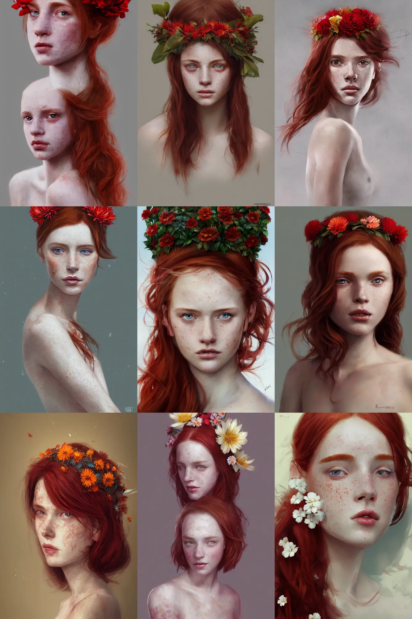 Prompt: A portrait of a beautiful red haired girl with freckles, wearing a flower headpiece, porcelain skin, cinematic lighting, photo realistic, highly detailed, maya, digital painting, artstation, concept art, sharp focus, illustration, by greg rutkowski