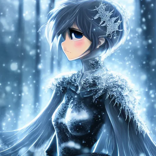 Prompt: portrait focus of knight beautiful 3D anime girl, silver Frozen ice crystal armor wearing, dark forest background, snowing, bokeh, inspired by Masami Kurumada, digital painting, high contrast, unreal engine render, volumetric lighting, high détail