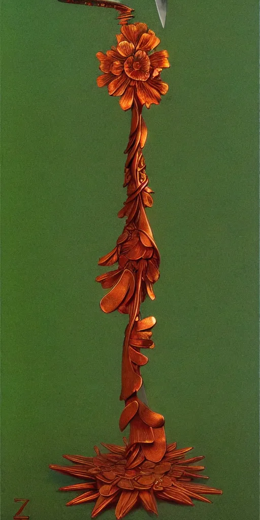 Prompt: a sword made from flower petals in the style of zdzisław beksinski, elegant, copper and emerald