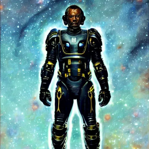 Image similar to photoreal portrait of a powerful black man in scifi armour, space nebula milky way background, by norman rockwell and boris vallejo, artstation, concept character art