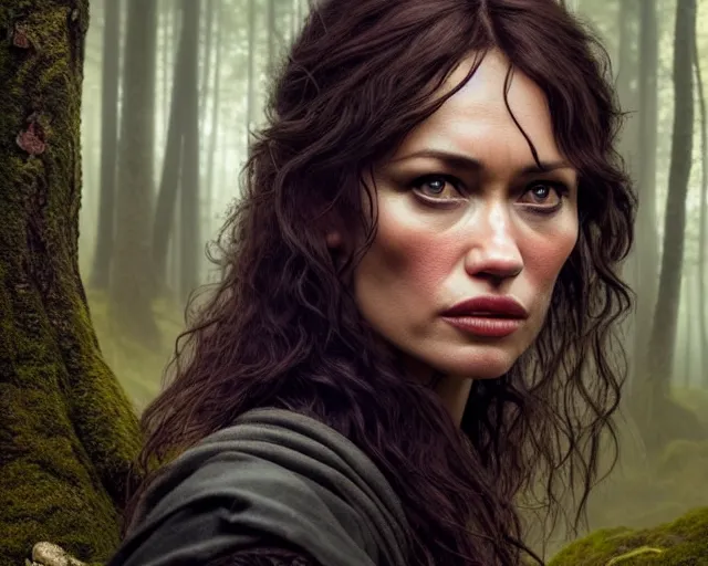 Image similar to 5 5 mm portrait photo of olga kurylenko as real life tough looking yennefer of vengerberg, in a forest. magical atmosphere. art by greg rutkowski. highly detailed 8 k. intricate. lifelike. soft light. nikon d 8 5 0.