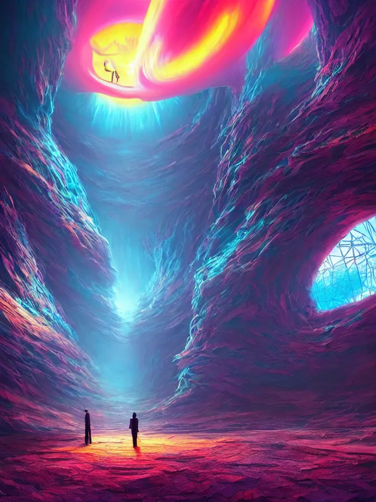 Image similar to entrance to ethereal realm, god waiting, rendered in unreal engine, central composition, symmetrical composition, dreamy colorful cyberpunk colors, 6 point perspective, fantasy landscape with anthropomorphic!!! terrain!!! in the styles of igor morski, jim warren, and rob gonsalves, intricate, hyperrealistic, volumetric lighting, big sky, distinct horizon