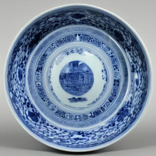 Prompt: photographs of qing dynasty blue and white porcelain