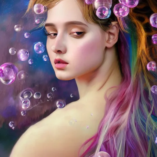 Image similar to dream portrait of KSI, dreamy and ethereal, expressive pose, big pink eyes, exciting expression, fantasy, intricate, elegant, many rainbow bubbles, rose tones, highly detailed, digital painting, artstation, concept art,cyberpunk wearing, smooth, sharp focus, illustration, art by artgerm and greg rutkowskiand alphonse mucha,Salvador Dali.