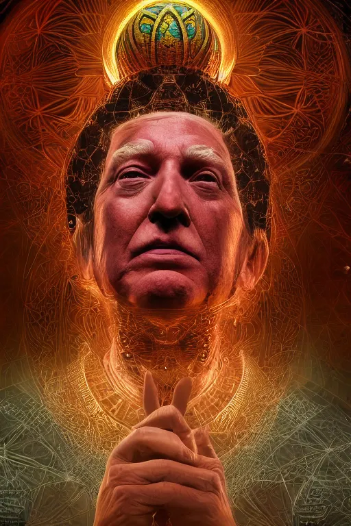 Prompt: cinematic portrait of an Donald Trump emperor. Centered, uncut, unzoom, symmetry. charachter illustration. Dmt entity manifestation. Surreal render, ultra realistic, zenith view. Made by hakan hisim feat cameron gray and alex grey. Polished. Inspired by patricio clarey, heidi taillefer scifi painter glenn brown. Slightly Decorated with Sacred geometry and fractals. Extremely ornated. artstation, cgsociety, unreal engine, ray tracing, detailed illustration, hd, 4k, digital art, overdetailed art. Intricate omnious visionary concept art, shamanic arts ayahuasca trip illustration. Extremely psychedelic. Dslr, tiltshift, dof. 64megapixel. complementing colors. Remixed by lyzergium.art feat binx.ly and machine.delusions. zerg aesthetics. Trending on artstation, deviantart