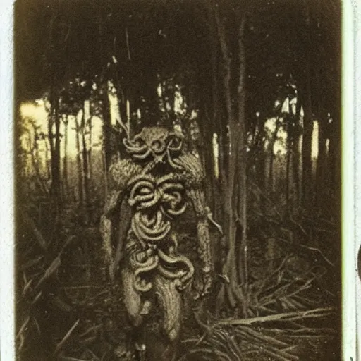 Image similar to creepy lovecraftian monster in swamp, 1910 Polaroid photo