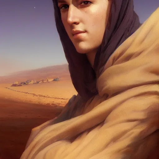 Prompt: a beautiful portrait painting of life on arrakis, masterpiece by famous artist nasreddine dinet and eugene de blaas and greg rutkowski and artgerm and wlop, path tracing, artstation