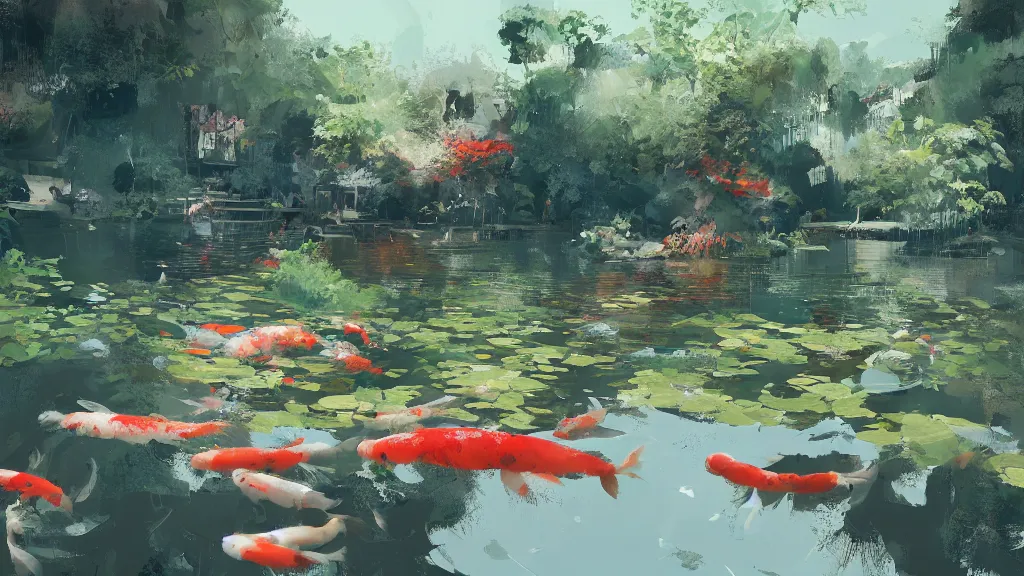 Prompt: painting of a koi pond, trending on artstation, masterpiece by ismail inceoglu