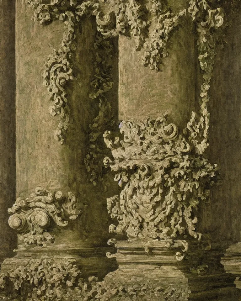 Image similar to achingly beautiful painting of intricate ancient roman corinthian capital on olive drab background by rene magritte, monet, and turner. giovanni battista piranesi.