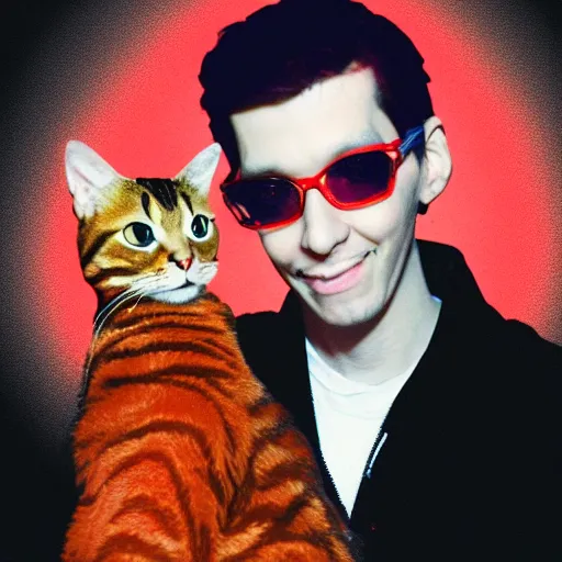 Prompt: portrait of neil cicierega holding his cat in the dark, red lighting on their faces, black background, nighttime, their right eyes are shining brightly like a star, it's dark, the background is black