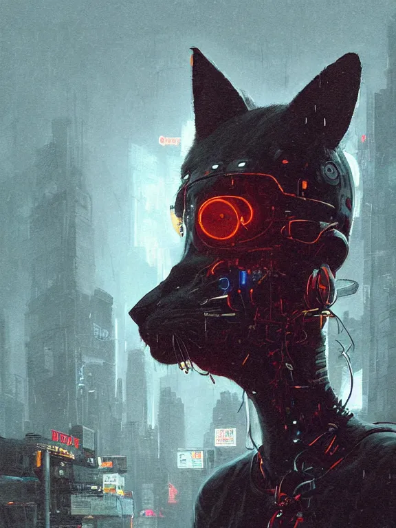 Image similar to new york city portrait of furry anthro anthropomorphic cat head animal person fursona wearing clothes strange cybernetic muzzle gloomy rainy screenshot from the video game cyberpunk 2077 digital art by Greg Rutkowski, Simon Stalenhag, christopher nolan trending on Artstation, CGSociety