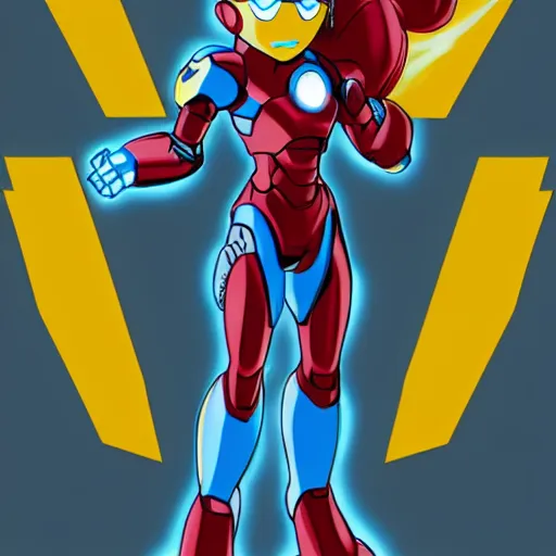 Image similar to mega man's kid sister. iron man, cyberpunk, anime, no helmet, long blue hair on her head, gold armor