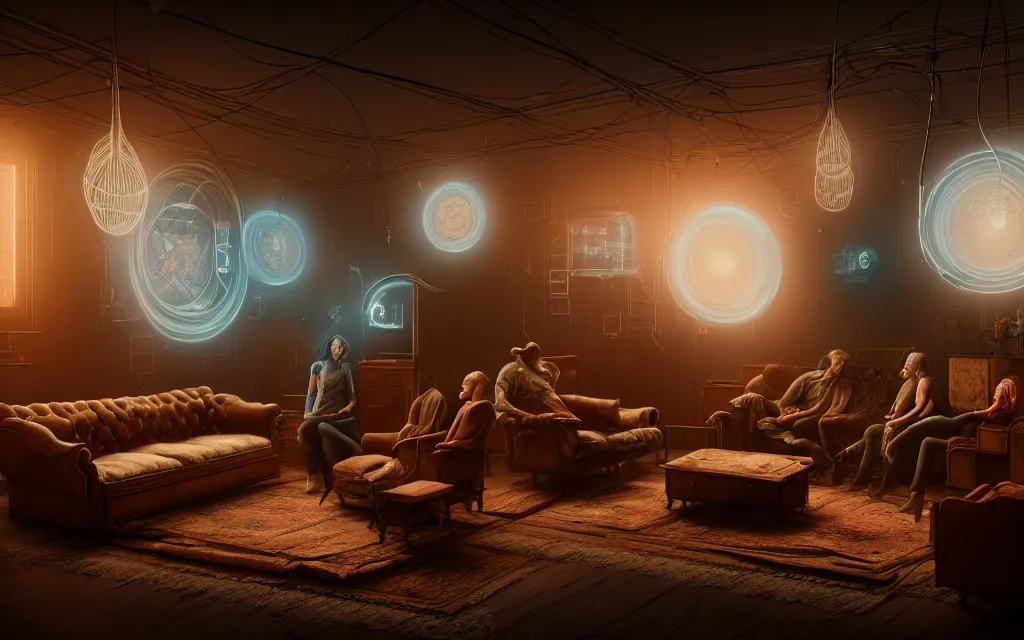 Image similar to A group of people sitting on an old couch in an old room with dusty antique furniture all around, very detailed, cyberpunk wires and oled monitors on the walls, digital displays and holographic projections, ultrarealistic, dramatic lighting, electrical details, high details, 4k, 8k, best, accurate, trending on artstation, artstation, photorealism, ultrarealistic, digital painting, style of Caravaggio, Boris Vallejo