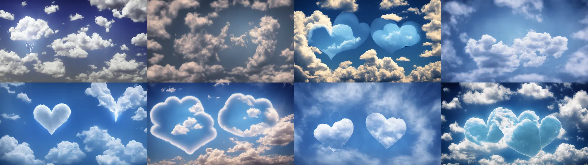 Prompt: soft cloud heart on blue clear sky, detailed, turbulence, feather edge, center, hyper realistic, epic photo, soft volume absorbation, volume clouds, view up, diffused lights, ultra realism, cinematic, film