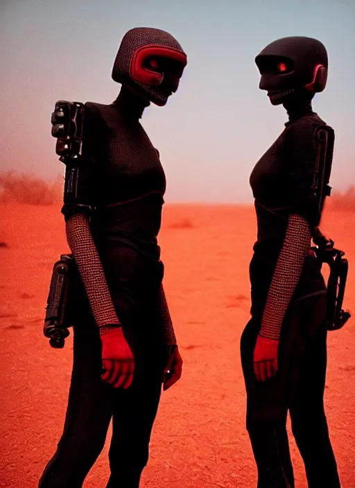 Image similar to cinestill 5 0 d photographic portrait by steve mccurry of two lesbian female androids wearing rugged black mesh techwear on a desolate plain with a red sky, extreme closeup, cyberpunk style, dust storm, 8 k, hd, high resolution, 3 5 mm, f / 3 2, ultra realistic faces, ex machina, blade runner