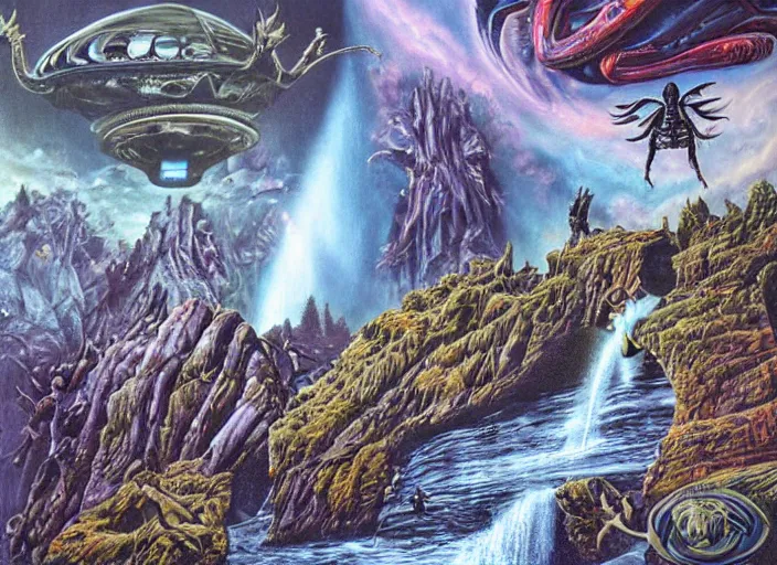 Prompt: Alien landscape,waterfal, demons, ufo,bruce dickinson, highly detailed, By Joe Jusko