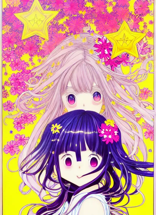 Image similar to exquisite imaginative manga poster art of a smiley girl, long wavy hair, stars, flowers, uniform, shimmering, by kojima ayami, shigenori soejima, minaba hideo, alphonse mucha, jump comics, shogakukan, art nouveau, illustration, artstation, highly detailed, 8 k, fluorescent, maximalist