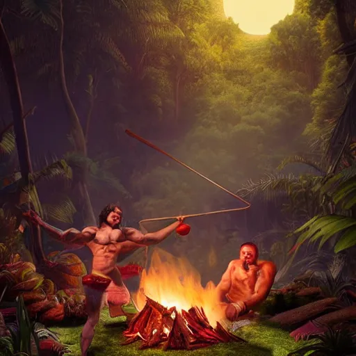 Image similar to muscleman with peyote tea at jungle campfire full moon atmospheric octane render ultra photorealistic hyper detailed, trending on cgsociety, 4 k, award - winning, very extremely beautiful, gorgeous, dnd, fantasy