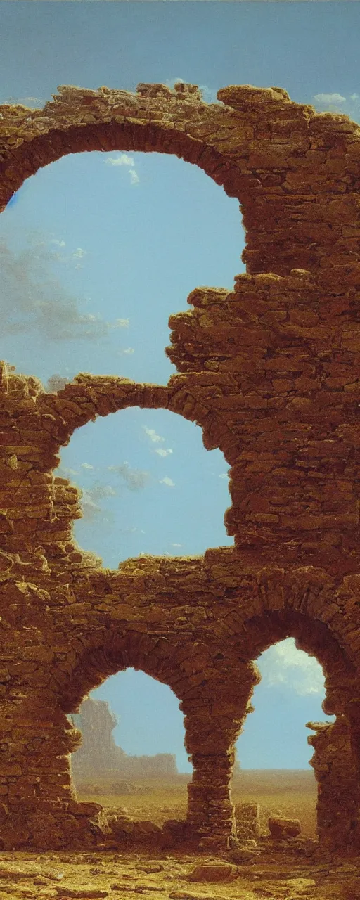 Prompt: A stone-brick archway, through which can be seen a desolate savannah, by Bruce Pennington and Albert Bierstadt