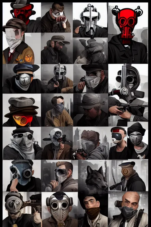 Image similar to 8 k hd wolf gangs use gray bandana, riffle, some of them use gask mask, gray hoodie, group photos, pop art, pixel, bioshock art style, gta chinatown art style, 8 k uhd character details, 8 k uhd art by artgerm richard hamilton and mimmo rottela