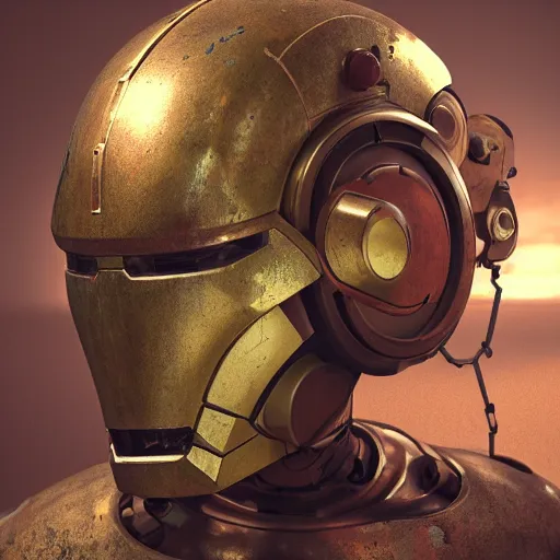 Prompt: A still life of a rusty robot, Pieter Claesz, William James Glackens, ((chains)), ((gears)), helmet, Iron man, Unreal Engine, Octane render
