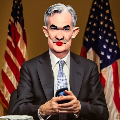 Prompt: photo of Jerome Powell with whiteface clown makeup using a flamethrower