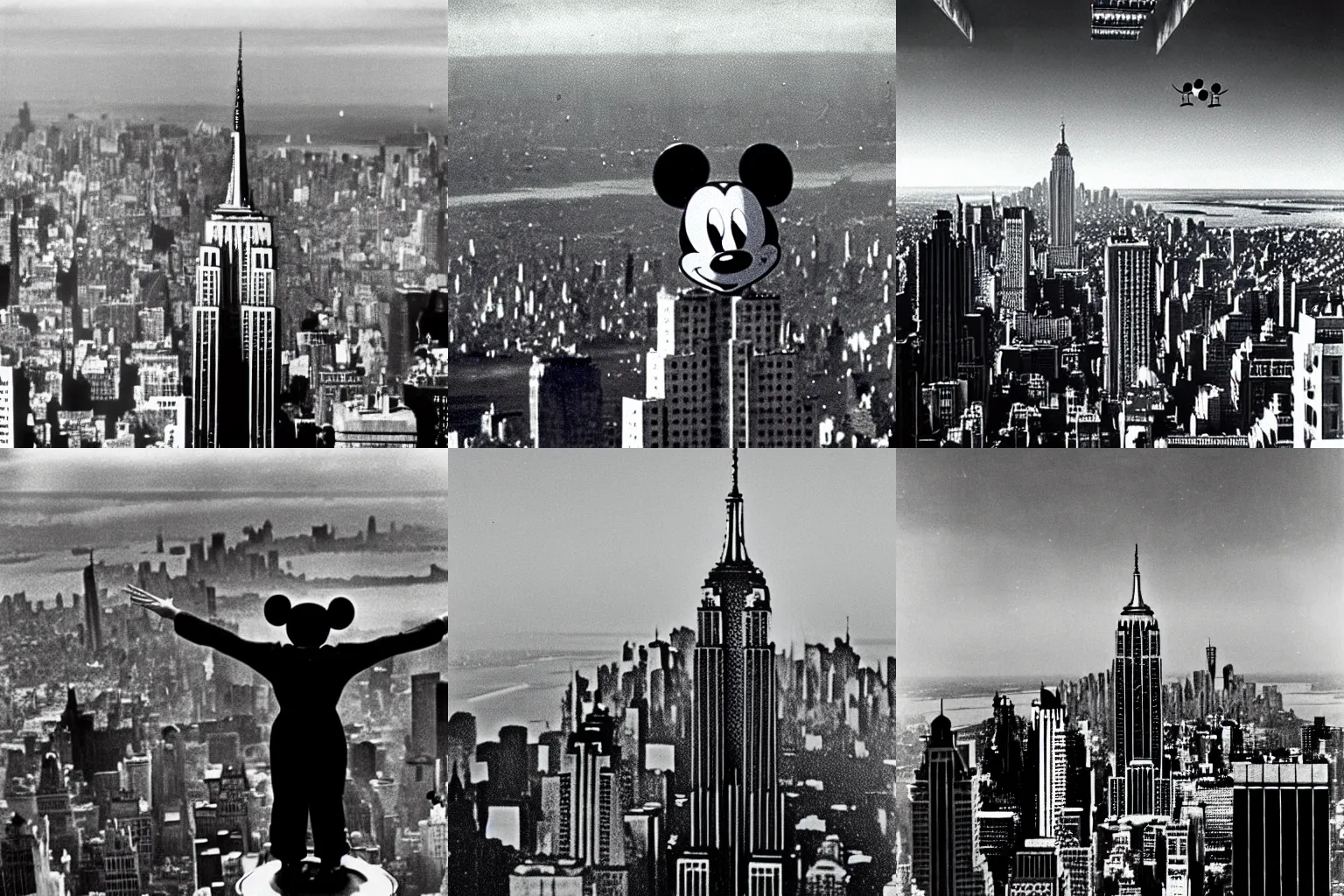 Prompt: gigant mickey mouse on top of the empire state building in new york city, 1 9 5 0 s movie, dramatic, detaild, black and white, old movie scene, mickey, empire state