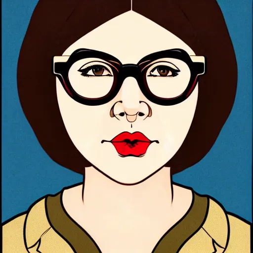 Prompt: A portrait of a plump woman, a cute art neuveau woman with straight brown hair in a Bob, no bangs, brown eyes, large glasses, full face, olive skin, romanian heritage, cartoon, digital art, medium shot, mid-shot, 8k, by mucha