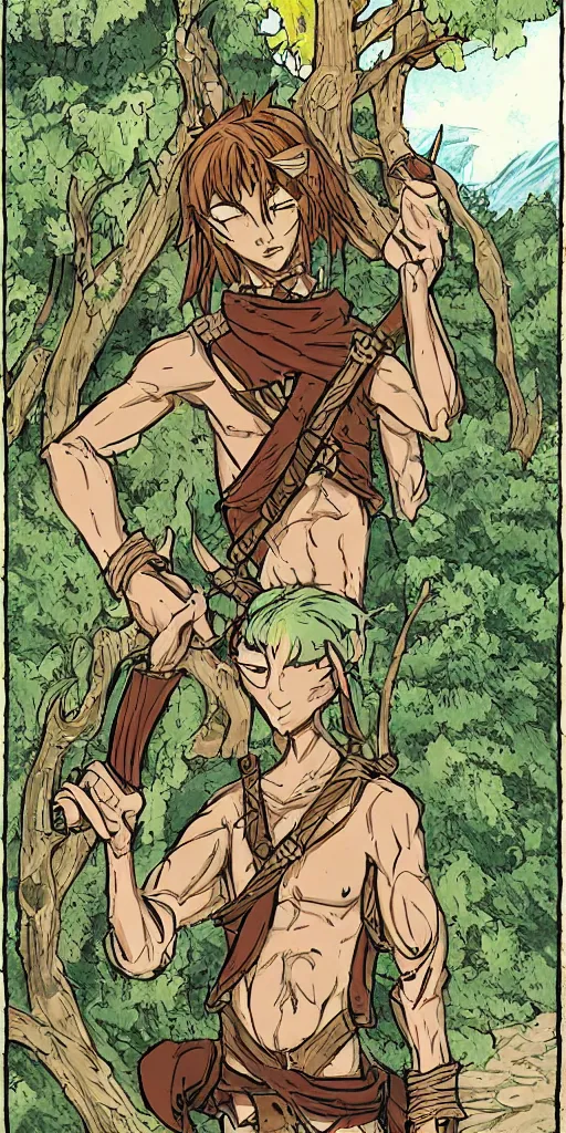 Image similar to an wood elf boy getting ready for an high fantasy adventure on the mountain side, anime style, tarot card, Tarot card the fool, fine line work, psychedelic