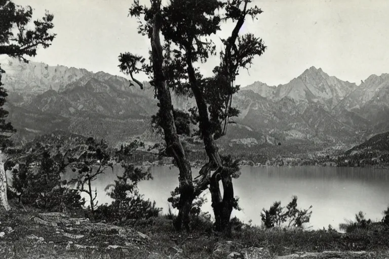 Image similar to very old photo of a landscape of mountains with lake and a dead tree in the foreground, , 1920