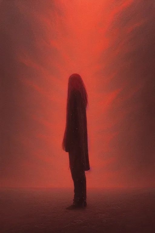 Prompt: a painting of a person standing in the snow, winter, a surrealist painting by zdzisław beksinski and by alena aenami, deviantart, nuclear art, dystopian art, apocalypse landscape, red color scheme, surrealist