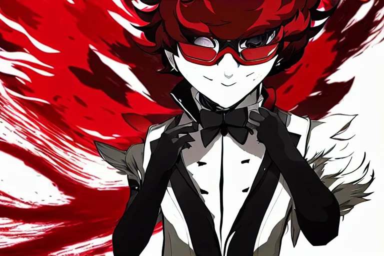 Image similar to a furry tan male fox on a persona 5 : royal ( by atlus ) video game splash screen, a furry male sandcolored tan fox fursona ( has hair ), persona 5 phantom thief style