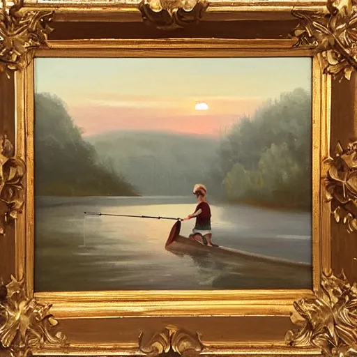 Prompt: a girl fishing at a river, finishing for sturgeon at sunset, oil painting