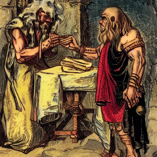 Prompt: realistic grom hellscream calmly giving judas iscariot money