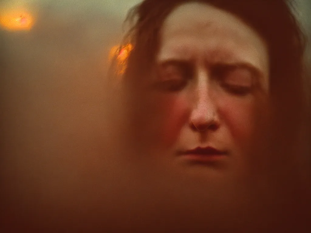 Prompt: close up portrait bust of woman, solemn expression, faded color film, russian cinema, tarkovsky, kodachrome, heavy forest, wood cabin in distance, long brown hair, old clothing, heavy fog, atmospheric haze, brown color palette, sunset, low light, hudson river school, 4 k, dramatic lighting