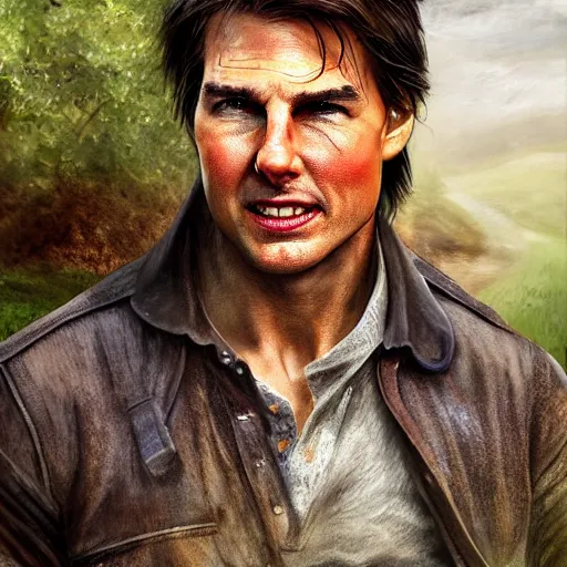 Prompt: Tom Cruise as a farmer, high resolution fantasy concept art, realistic, intricate details, soft lighting
